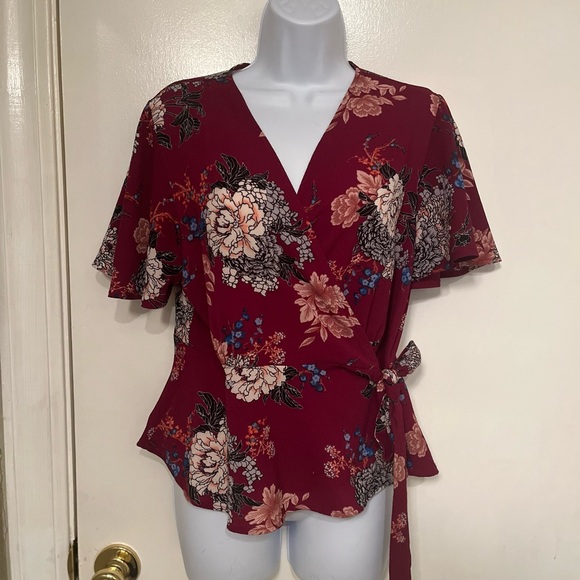 Monteau Burgundy Floral Wrap Blouse - Picture 1 of 2